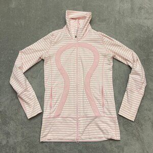 Lululemon Stride Jacket Women 6 Pink White Stripe Hoodie Logo Full Zip Athletic
